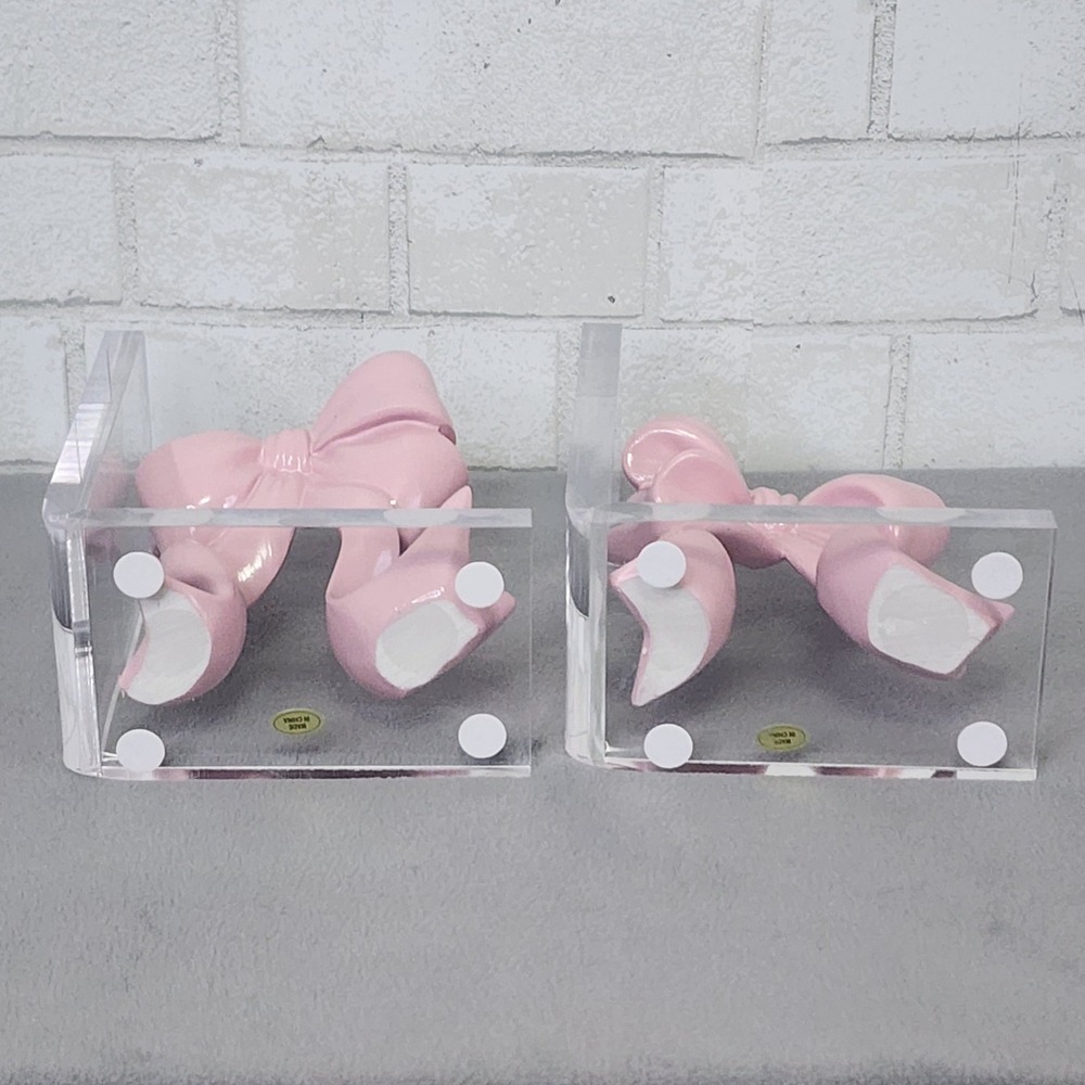 Pink Bow Bookends Coquette Bookend Acrylic Resin Girly Office Nursery 2 Pc Clear - Picture 8 of 8